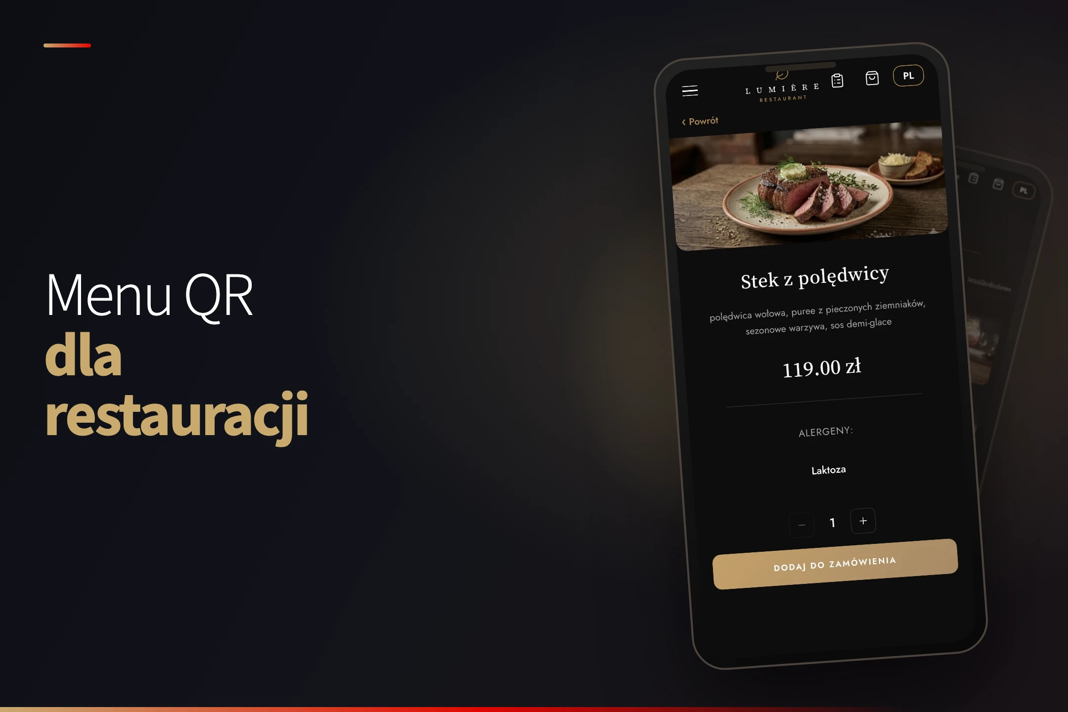 Mockup menu QR Procforce - trzy ekrany aplikacji na telefonach, kod QR i wezwanie kelnera